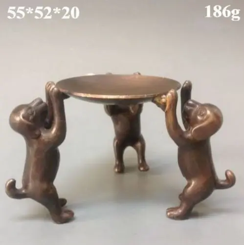 

Elaborate Chinese old copper three standing dogs statues Lamp candlestick