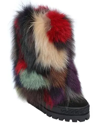 

2017 Hot Winter Women Fashion Rainbow Fur Height Increasing Zip Back Thick Heel Wedge Short Ankle Boots Mid-calf Booties size 42