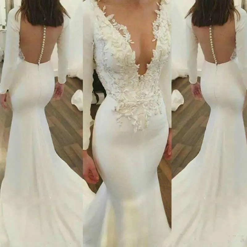 2021 abiti da ballo a sirena bianchi maniche lunghe Vintage scollo a V profondo Appliqued abiti da sposa abiti da festa Sweep Train abiti da sposa