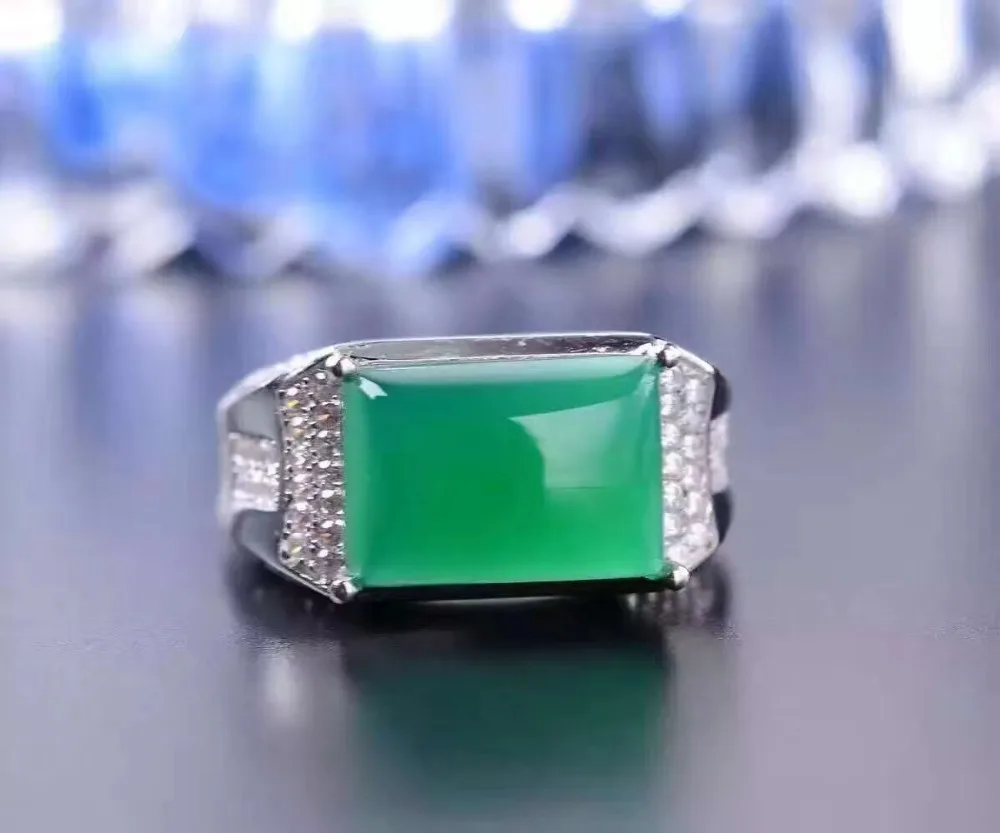 Men Ring Chalcedony ring 925 sterling silver Natural real chalcedony Fine green gem jewelry For men Gem 10*14mm