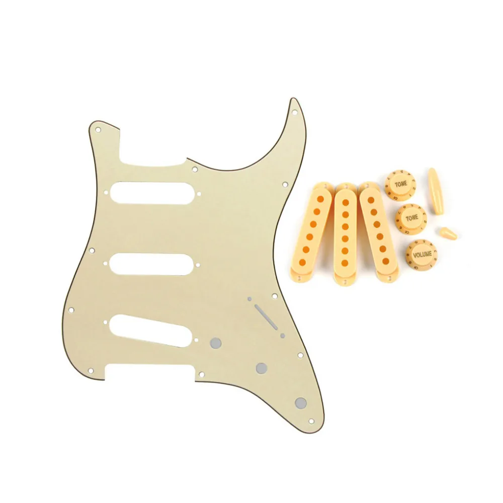 FLEOR Set of 11 Holes ST SSS Guitar Pickguard Plate Cream 3Ply & Single Coil Pickup Covers 2T1V Control Knobs Guitar Parts