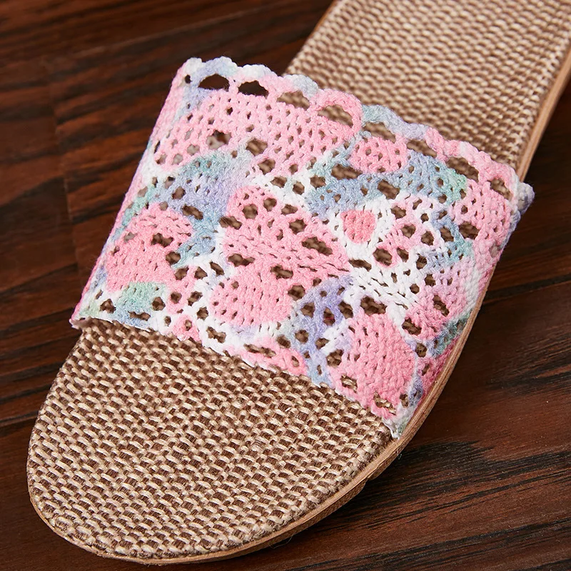 Mntrerm Female Cotton Flax Slippers Women Breathable Hollow Flat Slipper Summer Linen Shoes Indoor Non-slip Home Shoes Flip Flop