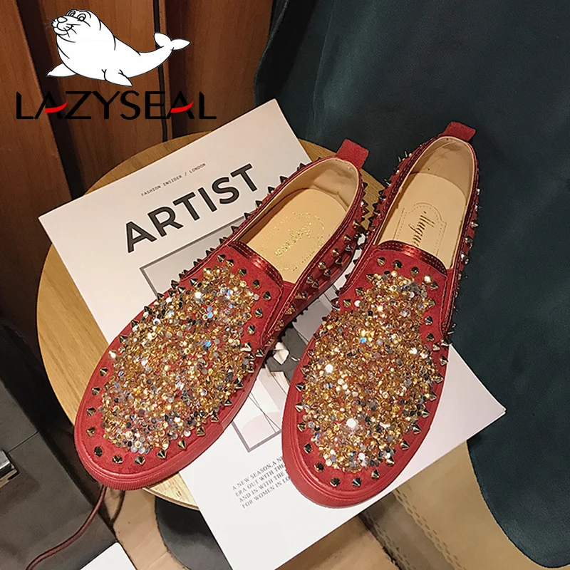 LazySeal Bling Women Flats Shoes Lovers Rivets PU Leather Loafers Woman Flat Heel Shoes Women Round Toe Mules Shoes For Women