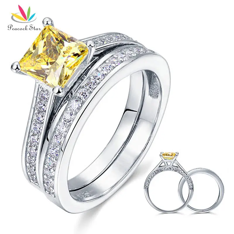 Peacock Star Princess Cut Yellow Canary Solid 925 Sterling Silver Wedding Ring Set CFR8194S