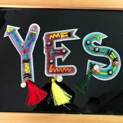 Letters YES Rhinestones beads patches applique sew on beading tassels applique clothes shoes bags decoration patch DIY