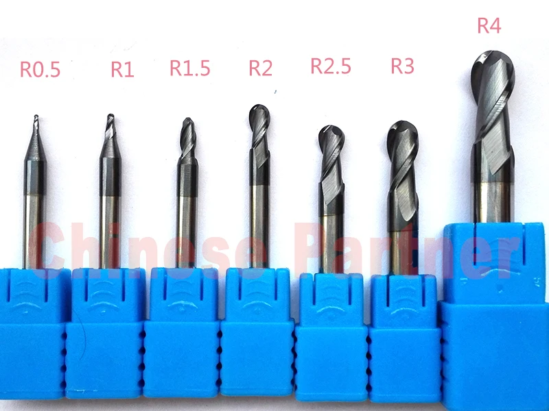 7pcs/lot  R0.5/R1/R1.5/R2/R2.5/R3/R4 hrc45 2 Flutes Ball nose end mill Spiral Bit milling cutter Tools CNC Router bits