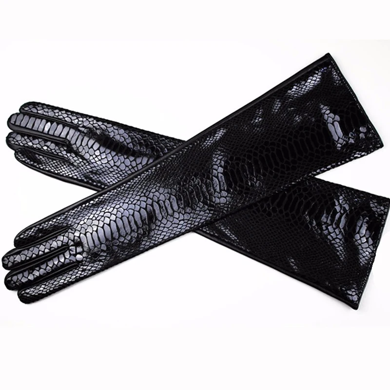 New Crocodile Pattern Long Sheepskin Leather Gloves Women Elbow Velvet Lining Autumn Winter Warm Arm Cover Black