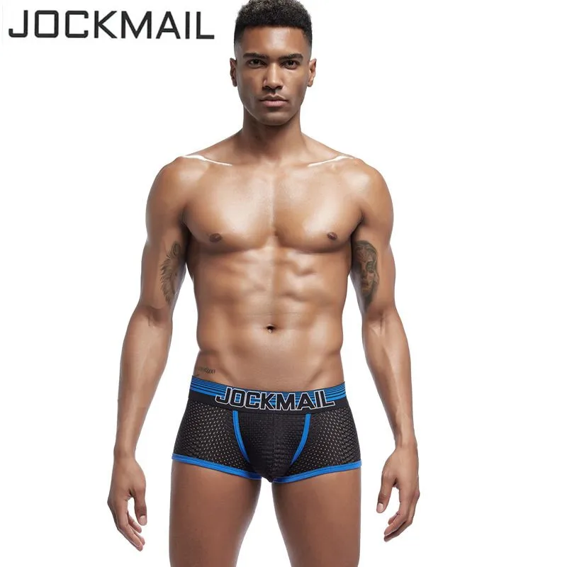 JOCKMAIL 2019 New Underwear Men Boxer Mesh U Pouch Sexy Underpants Cueca Nylon Pants Trunks Boxer shorts Gay Male Panties Hot