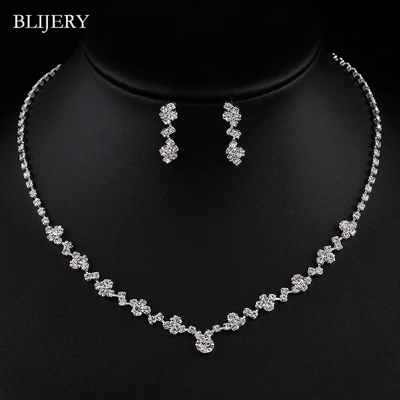 BLIJERY Fashion Crystal Bridal Jewelry Sets Silver Color Geometric Choker Necklace Earrings Bracelet Wedding Jewelry Sets