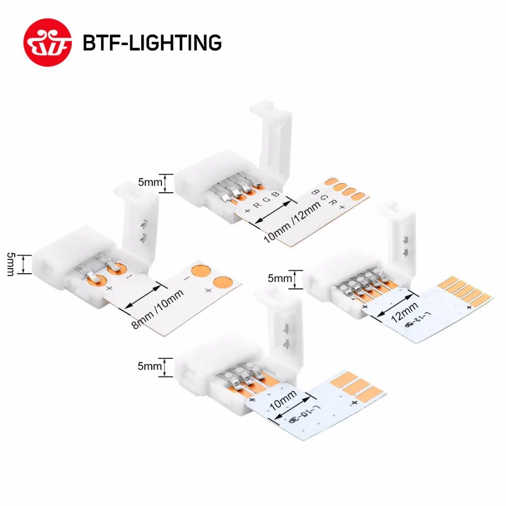 T L X 모양 납땜 없는 커넥터, LED 스트립, 납땜 없음, 2 핀, 3 핀, 4 핀, 5 핀 코너 커넥터, 8mm, 10mm, 12mm 너비, WS2811, WS2812b