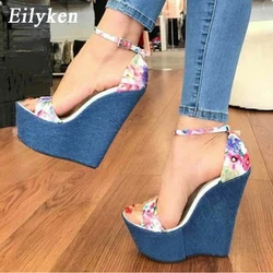 Eilyken modne modny nadruk dżinsowe sandały damskie rzymskie koturny wysokie obcasy Peep Toe buty na platformie Zapatos De Mujer