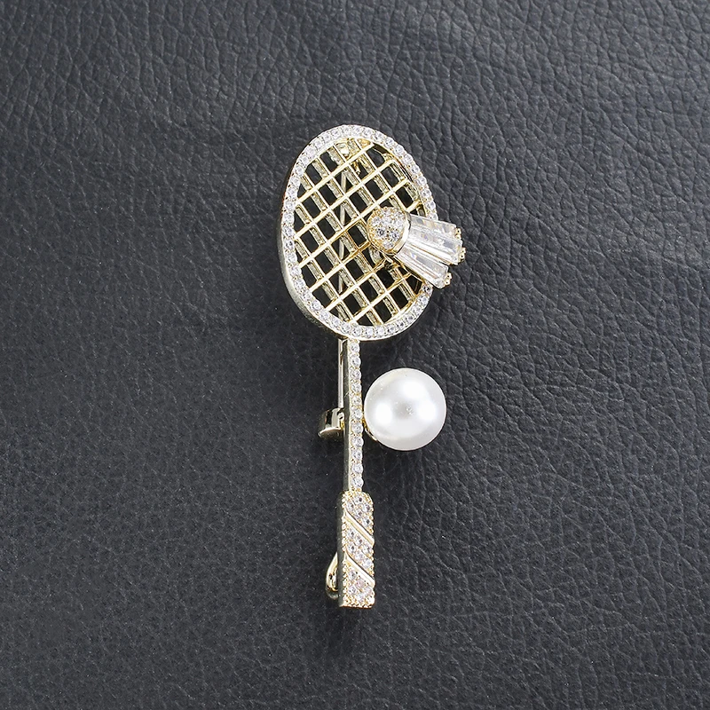 Personality Trend Copper Brooch Sports Badminton Racket Badminton Pearl Copper Zircon Brooch Pin High Quality Jewelry