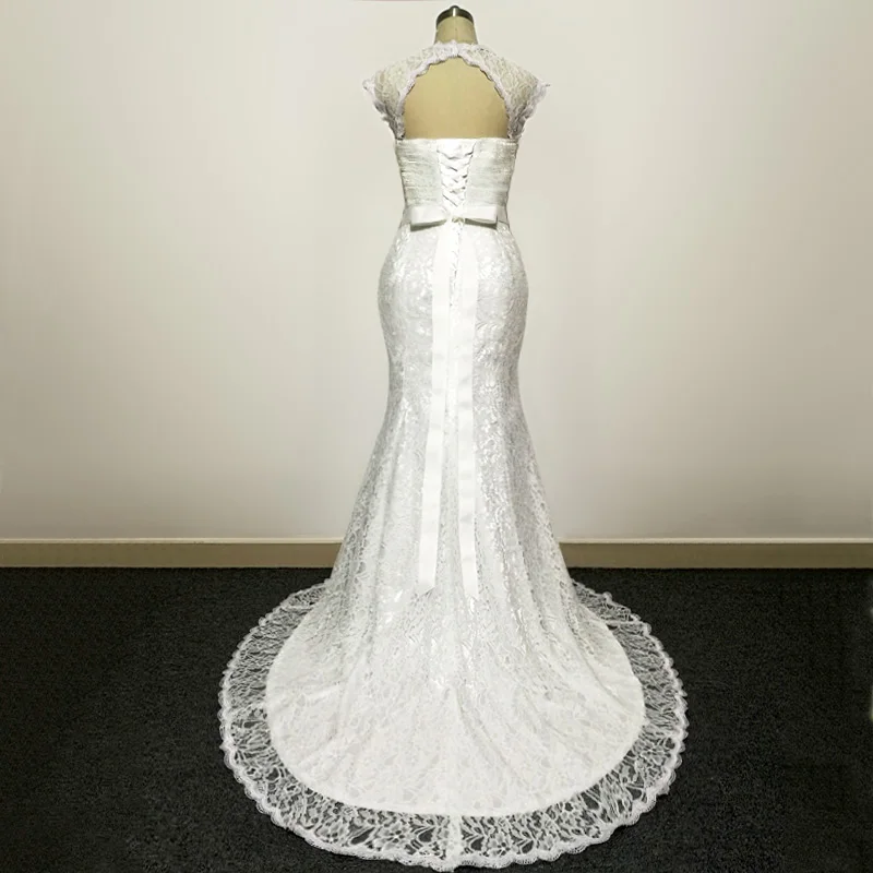 E JUE SHUNG Weiß Spitze Meerjungfrau Brautkleider Kristall Schärpe Cap Sleeves Brautkleider Vestidos De Novia