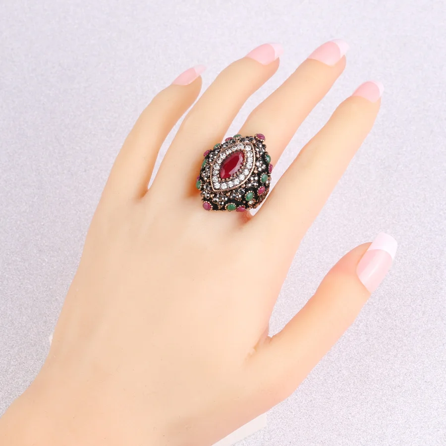 Wbmqda Ethnic Style Vintage Rings For Women Retro Crystal Flowers Red Resin Ancient Gold Color Finger Ring Turkey Jewelry