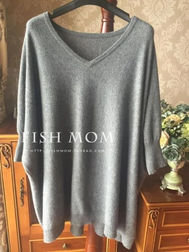 Spring Autumn Winter New V-Neck Oversize Loose Sweater Women Knit Pullovers Short Sleeve Big Size Female 100% Wool Casual Tops