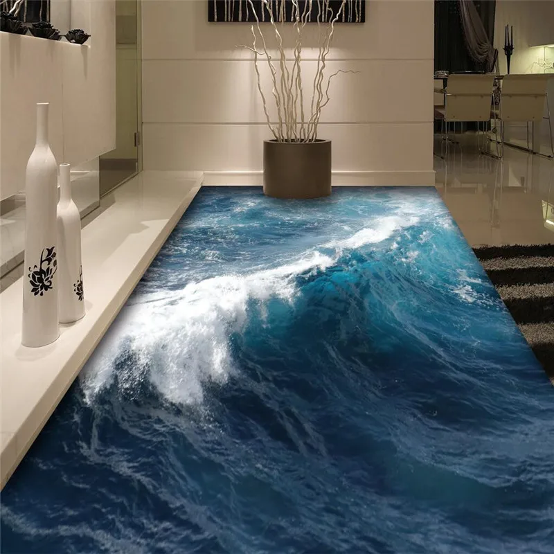 beibehang floor painting mural Blue sea water ripples wear non-slip waterproof thickened self-adhesive PVC floor Wallpaper