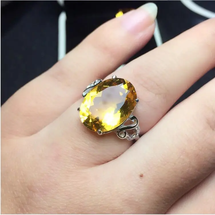 Citrine ring Natural real citrine 925 sterling silver Fine yellow crystal jewelry Handworked jewelry Gem 12*16mm