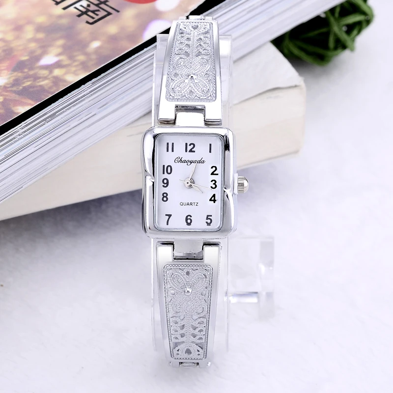 Women Vintage Luxury Gold + Silver Watches Elegant Quartz Fashion Rectangle Dial Watch Carved Pattern Bracelet Casual WristWatch