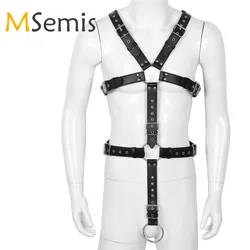 MSemis Men Leather Bondage Full Body Bondage Harness Detachable Strap with O Ring Open Crotch Men Harness Gay Adult Game