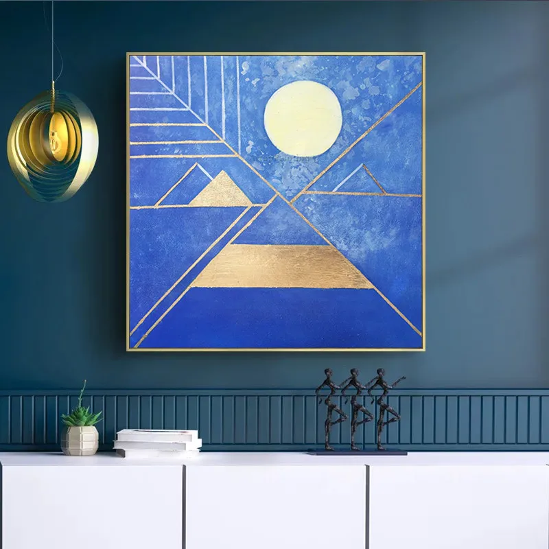 Geometric Goldleaf Abstract acrylic painting blue gold texture full moon on canvas Wall Art for living room home cuadro quadros