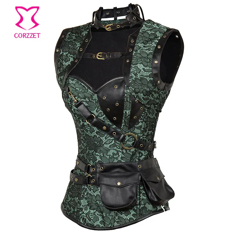 Plus Size Green Floral Jacquard Steel Boned Overbust Corset with Pouch Belt & Jacket Burlesque Outfits Steampunk Gothic Clothing