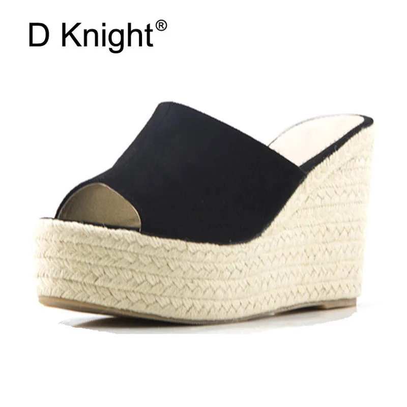 Brand Plus Size 30-43 Women Platform Wedges Slippers Summer Outside Black Woman Slides Sandals Mules Wedges High Heel Shoes Blue