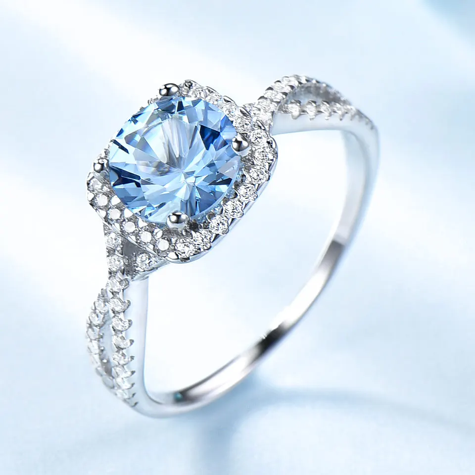 Umcho Solid 925 Sterling Silver Cincin untuk Wanita Sky Blue Topaz Aquamarine Batu Permata Pernikahan Birthstone Pesta Hadiah Perhiasan