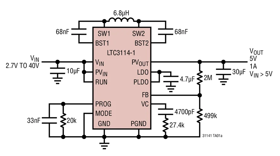 Convertidor sincrónico Buck-Boost DC/DC con corriente de salida programable, LTC3114EFE-1, LTC3114IFE-1, LTC3114 - 40V, 1A, LTC3114HFE-1