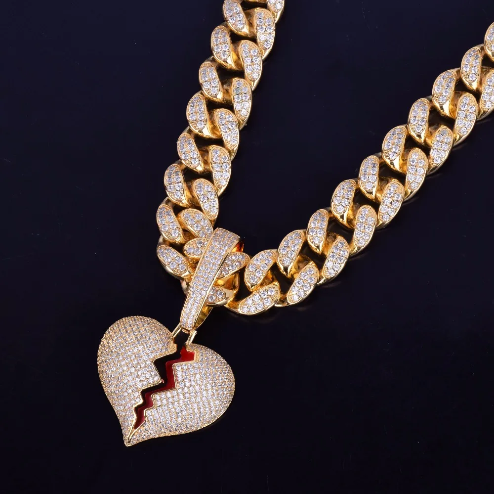 No Chain Gold Color Broken Heart Pendants Necklaces Men\'s Hip Hop Jewelry