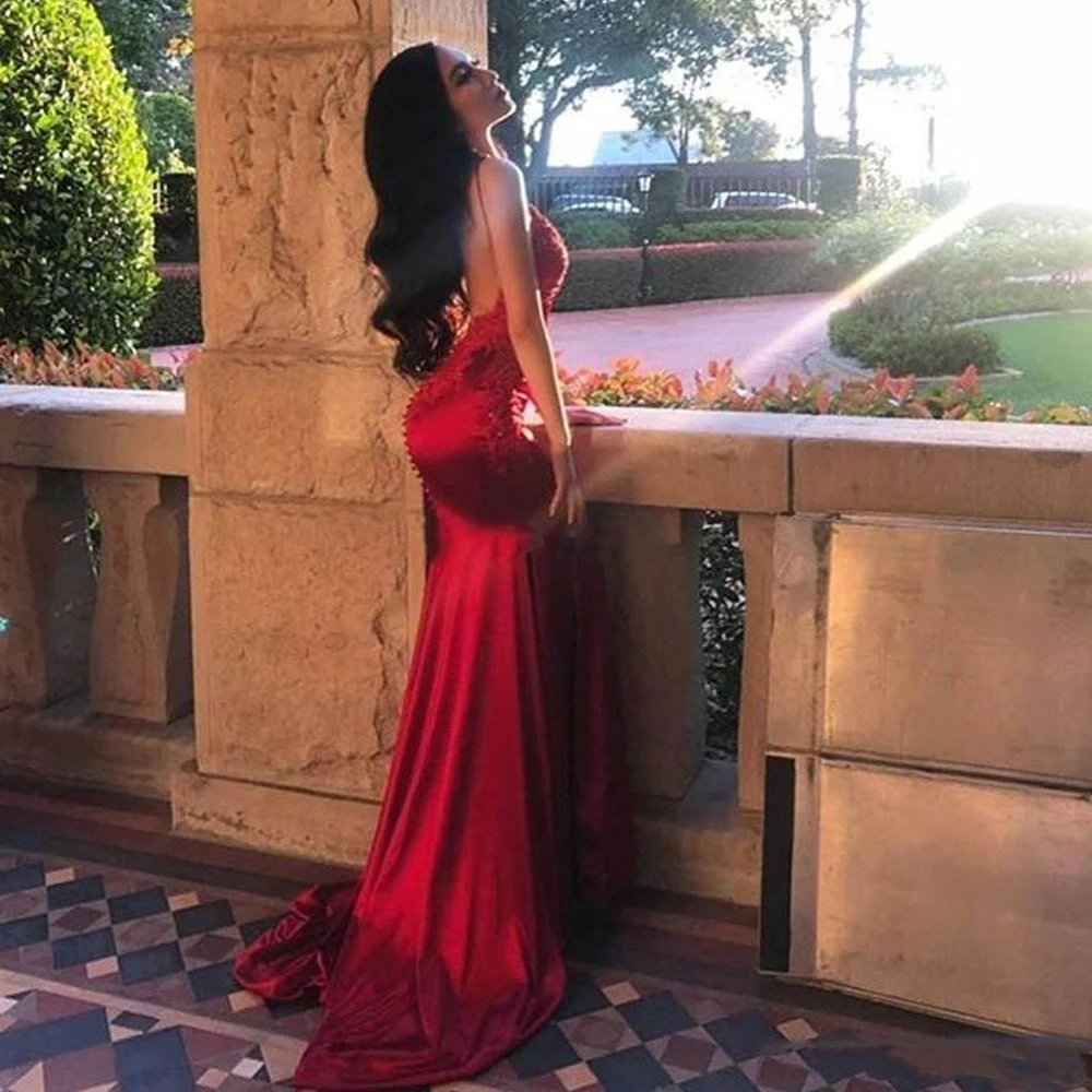 Sexy Arabic Dark Red Backless Mermaid Evening Dresses 2021 Spaghetti Sweep Train Appliques Beads Long Formal Prom Party Gowns