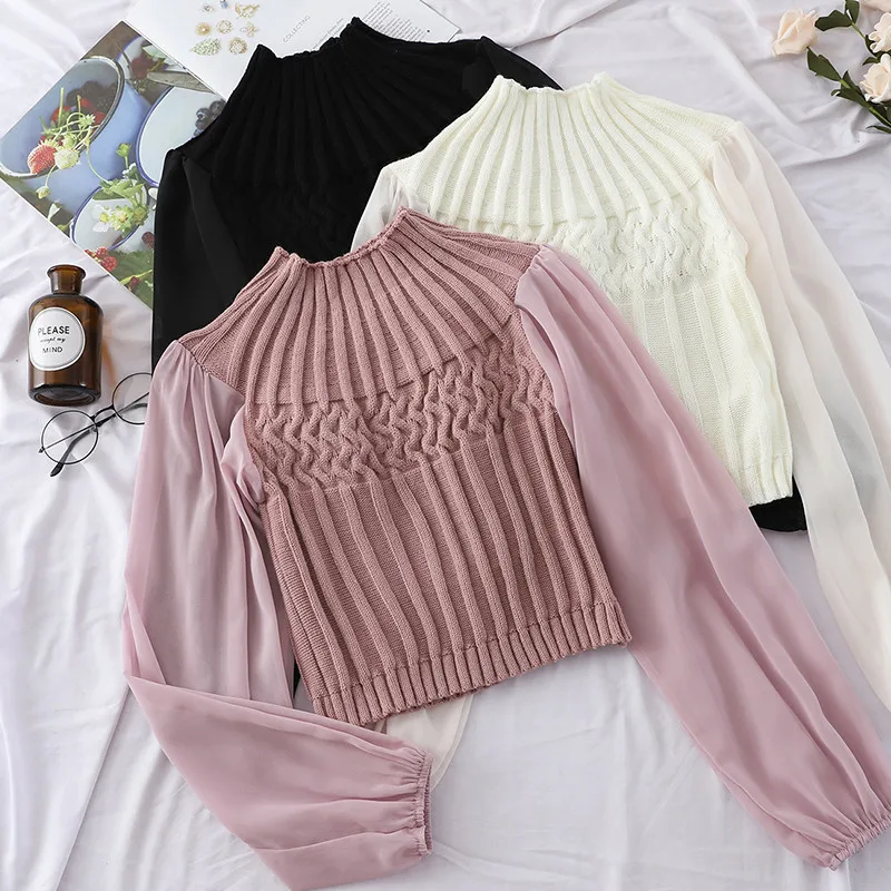 Autumn Women Turtleneck Knitted Pullovers Chiffon Patchwork Sweater Ladies Bottoming Lantern Sleeve Knitwear Short Tops AB1135