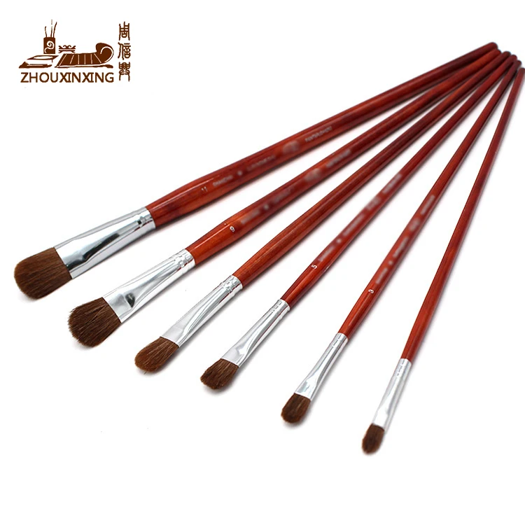 Zhouxinxing 6 pcs/set long wooden rod gouache professional art painting supplies high-grade horse hair brush oil painting brush