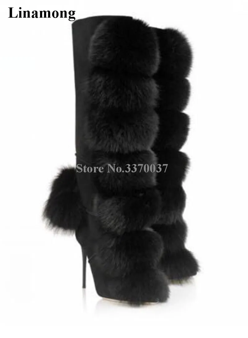 

Women Charming High Quality Mink Hair Decorative Knee High Stiletto Heel Boots Zip Fur Ball Design High Heel Winter Boots