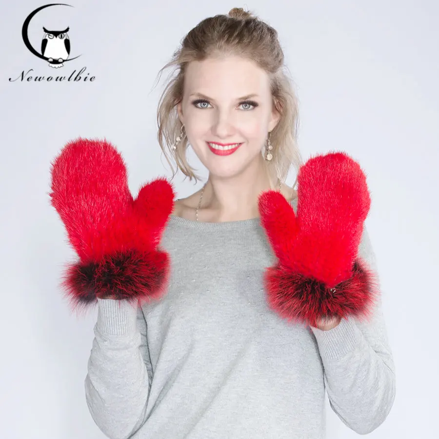 Women high-end luxury mink gloves, wrist band with high-grade fox fur, mink encryption system, warm and comfortable winter