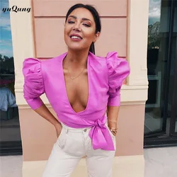 Yuqung Vintage Long Puff Sleeve Blouse Shirt Women Satin V Neck Crop Blouse Female Lace Up Crop Top and Blouses Chemisier Femme