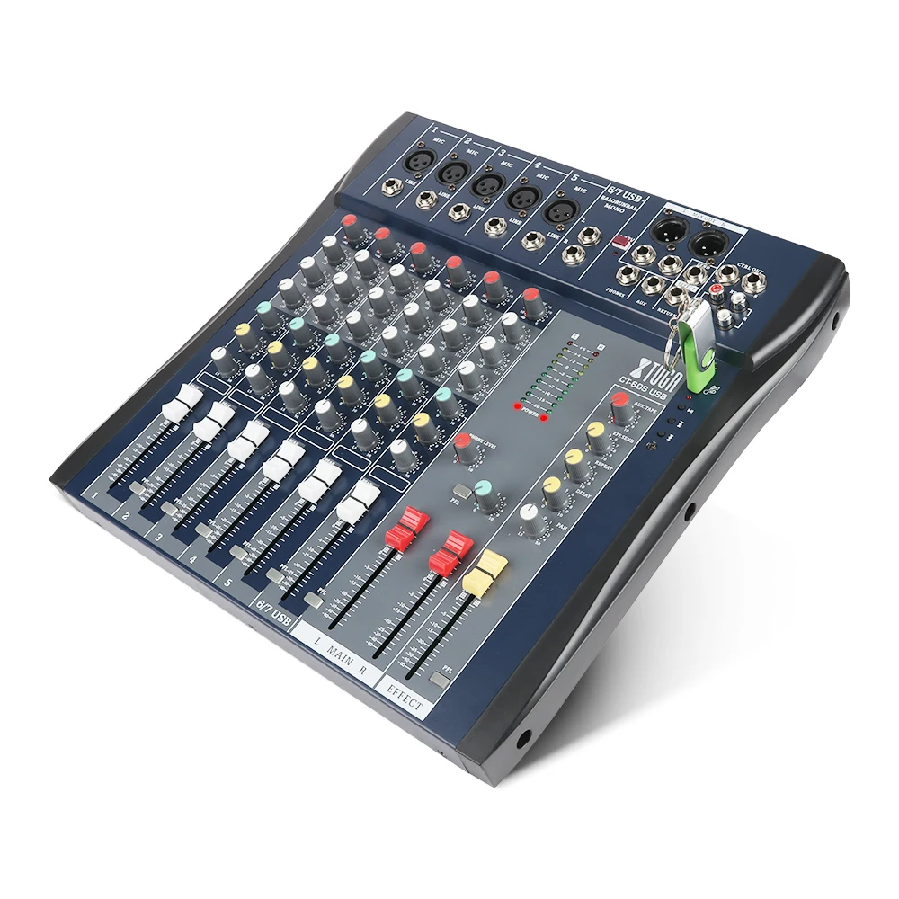 Xtuga-consola mezcladora de Audio CT60S-USB, 7 CANALES, micrófono, línea de Audio, USB, entrada XLR, 3 bandas, EQ, 48V, alimentación fantasma con adaptador de corriente
