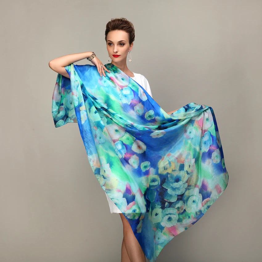 2022 Women Winter Long Scarf Shawl Spring Autumn Female Blue Silk Scarves Printed Summer 100% Mulberry Silk Beach Cover-ups