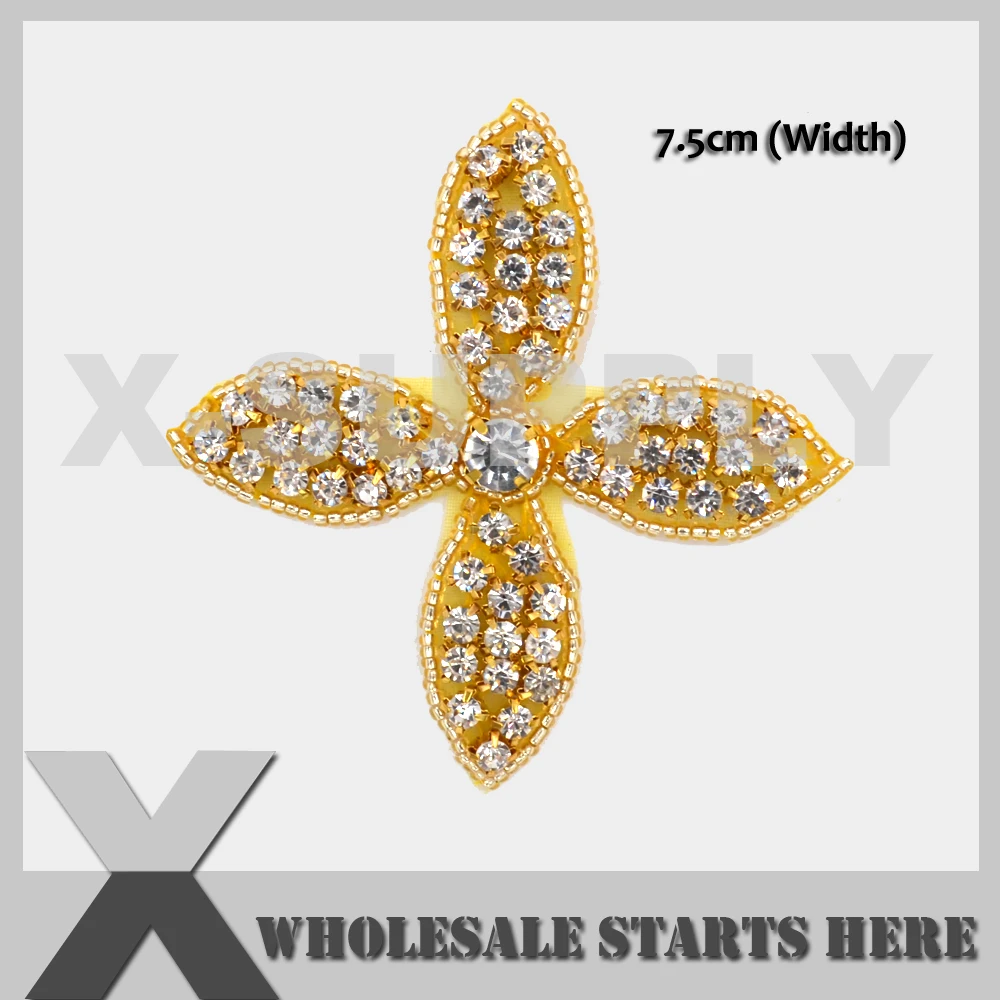 

7.5cm Flower Gold Ion On Rhinestone Appliques for Wedding Bridal Dress,Headbands,X1-RAT2549