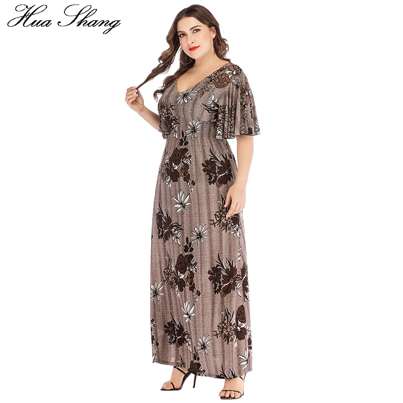 Plus Size Dress Summer 2023 Women V Neck Flare Short Sleeve Floral Print Vintage Dress Elastic High Waist Tunic Beach Dresses