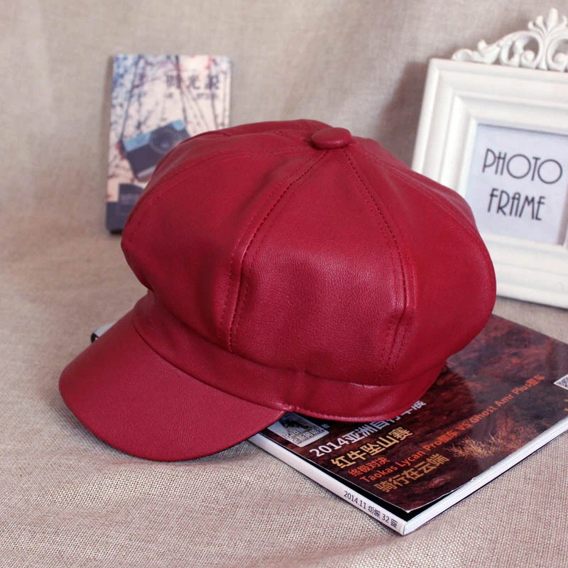 HT1368 Plain Leather Beret Caps Men Women Vintage Artist Painter Octagonal  Caps Solid Autumn Winter Hats Black Red Grey