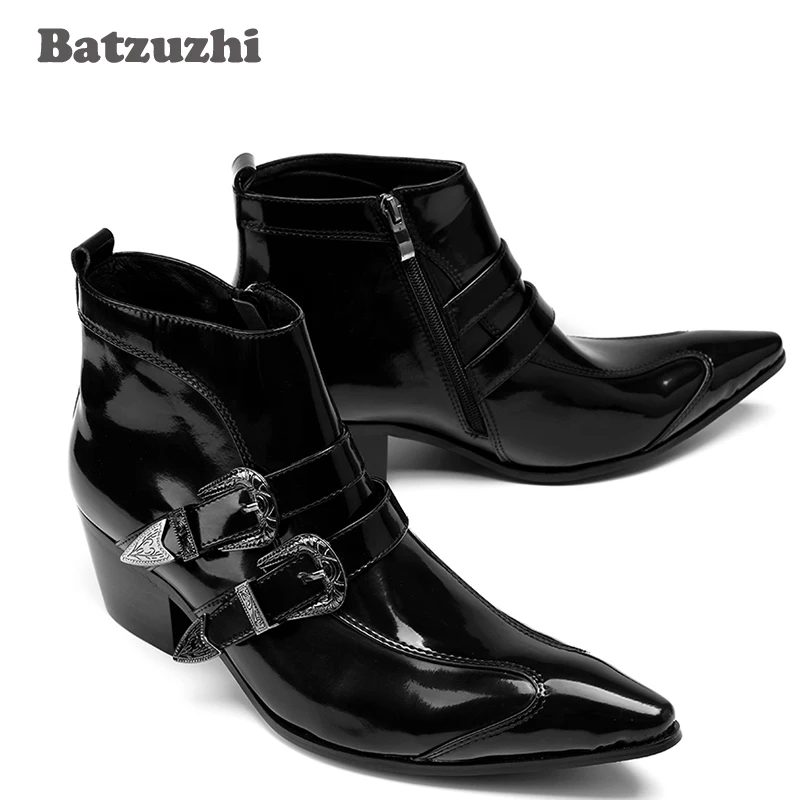 Batzuzhi Italy Type Men Boots Botas Hombre Pointed Black Leather Ankle Boots Men zapatos de hombre Buckles Business Boots Men