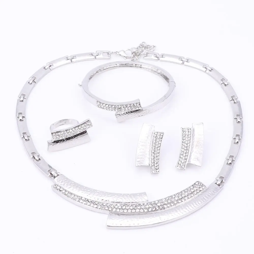 Women Vintage Silver Color Crystal Bridal Party Rhinestone Nigerian Necklace Bangle Ring Wedding African Beads Jewelry Set