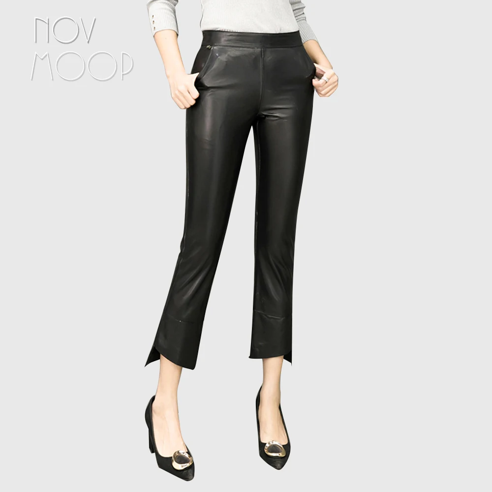 

Women black genuine leather real lambskin flare pants trousers cropped above ankles skinny pantalon femme plus size LT2372