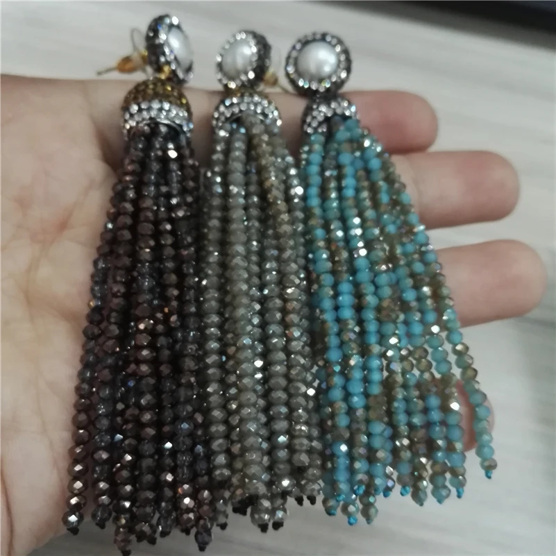 Charms Jewelry Grey Blue White Brown Glass Beads Tassel Natural Pearl Stud 12rows Tassel Long Drop Dangle Earrings For Women