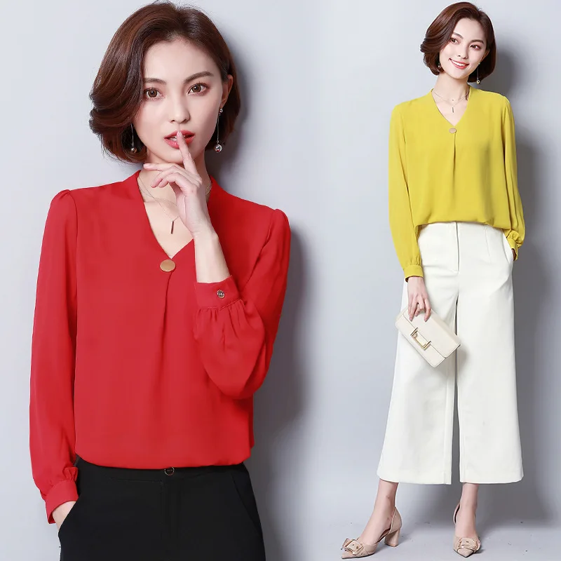 Spring Autumn Chiffon Shirt Large Size Lady Long Sleeve V-collar Pure Color Blouses Women Loose Fashion Bottom Shirts Top H9040