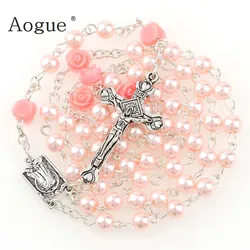 Pink Wedding Rosary Necklace Women's 6mm Imitation Pearl Cross Pendant Necklace Catholic Church Wedding Blessing Jewelry