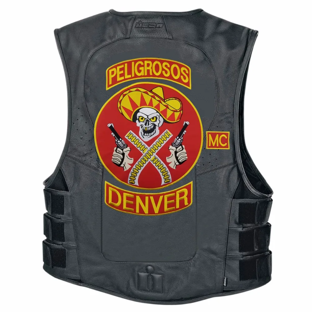 HOT SALE PELIGROSOS DENVER RED COWBOY WITH GUN MOTORCYCLE CLUB VEST OUTLAW BIKER MC JACKET PUNK LARGE BACK IRON ON WEST PATCH