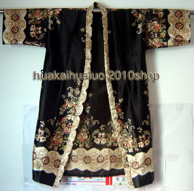 New Arrival Robe Black Chinese Women\'s Silk Hand-Made Painted Kaftan Robe Gown With Belt Free Size 3 Colors WR007