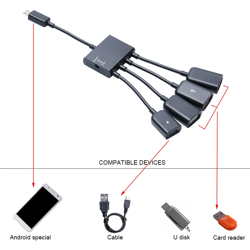 SR 2017 USB OTG Hub Adapter Cable Splitter Connectors 4 Port Micro USB Power Charging Cable