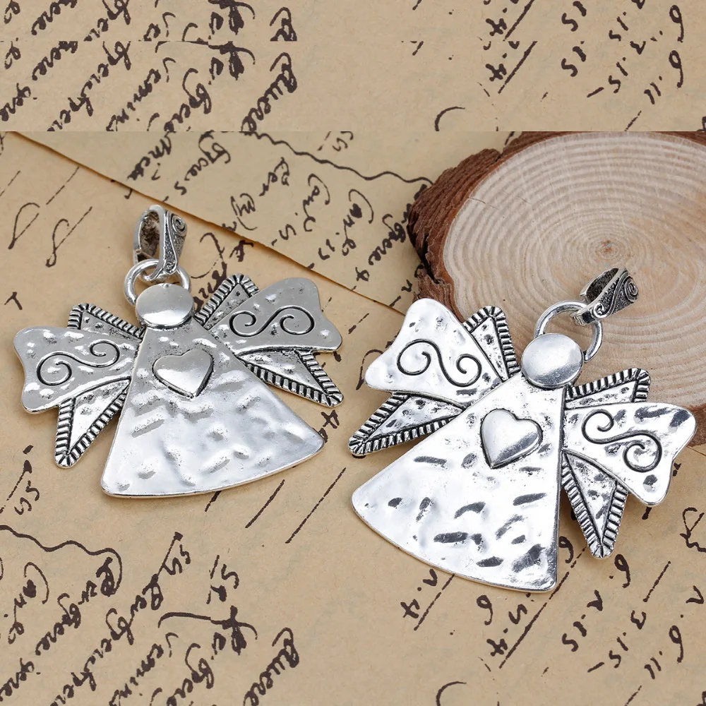 Hot Angel Pendant For For Handmade Necklace Zinc Based Alloy Silver Color Pendants Wing Heart Carved DIY Components Charms, 2PCs